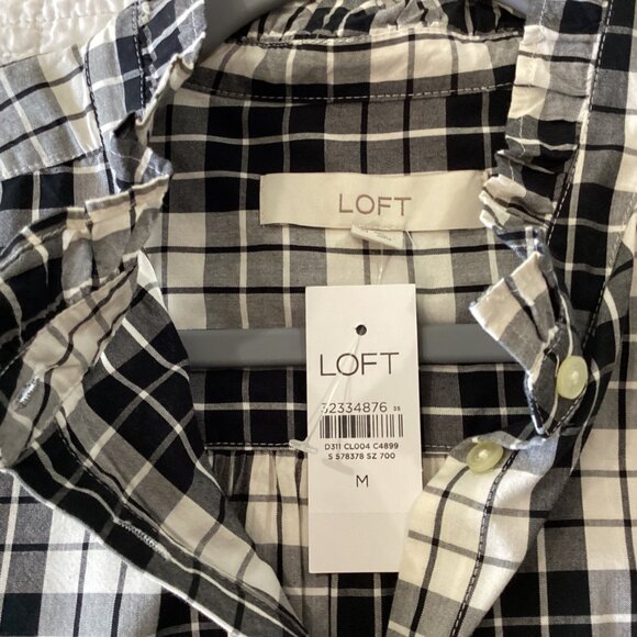 NWT LOFT Plaid Preppy Button Shirt Womens M Black White Casual Retro 90s Y2K - Picture 3 of 8